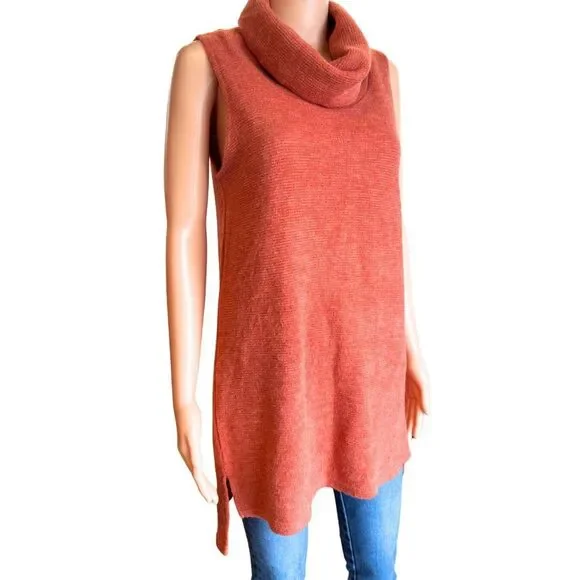 Papillon Cowl Neck Sleeveless Tunic Sweater Medium Terracotta Burnt Orange Knit - Picture 3 of 6